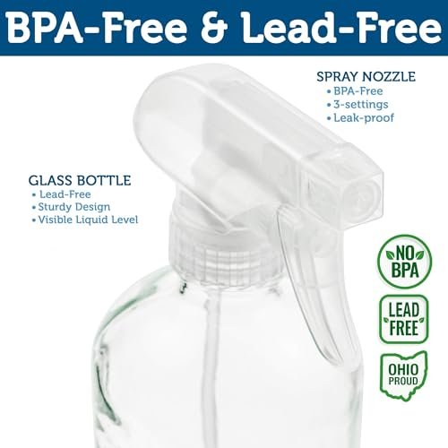 Sally's Organics Empty Clear Glass Spray Bottles - Refillable 16 oz with Mist & Stream Sprayer - 2 Pack Avelisse