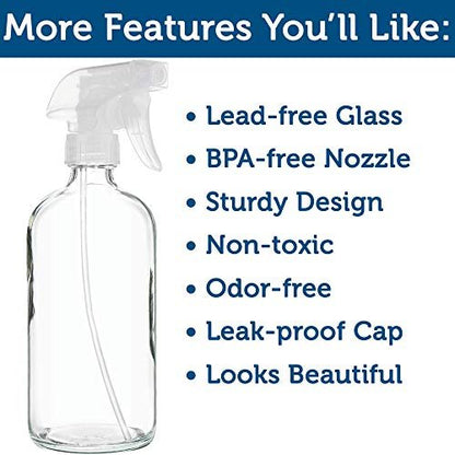 Sally's Organics Empty Clear Glass Spray Bottles - Refillable 16 oz with Mist & Stream Sprayer - 2 Pack Avelisse