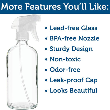 Sally's Organics Empty Clear Glass Spray Bottles - Refillable 16 oz with Mist & Stream Sprayer - 2 Pack Avelisse