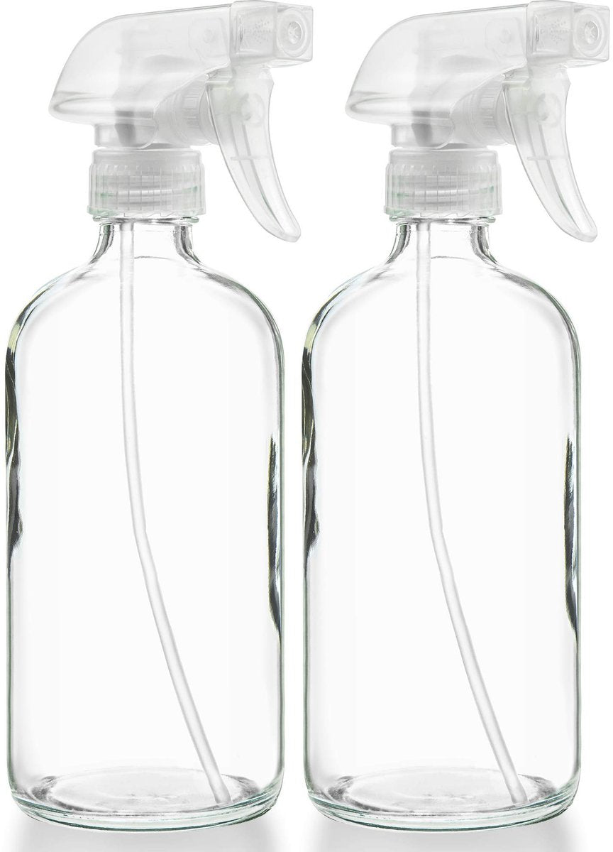 Sally's Organics Empty Clear Glass Spray Bottles - Refillable 16 oz with Mist & Stream Sprayer - 2 Pack Avelisse