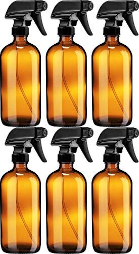 Sally's Organics Empty Amber Glass Spray Bottle – 16 oz Refillable Container for Essential Oils, Cleaning Products, or Aromatherapy – Black Trigger Sprayer with Mist and Stream Settings – 6 Pack Avelisse