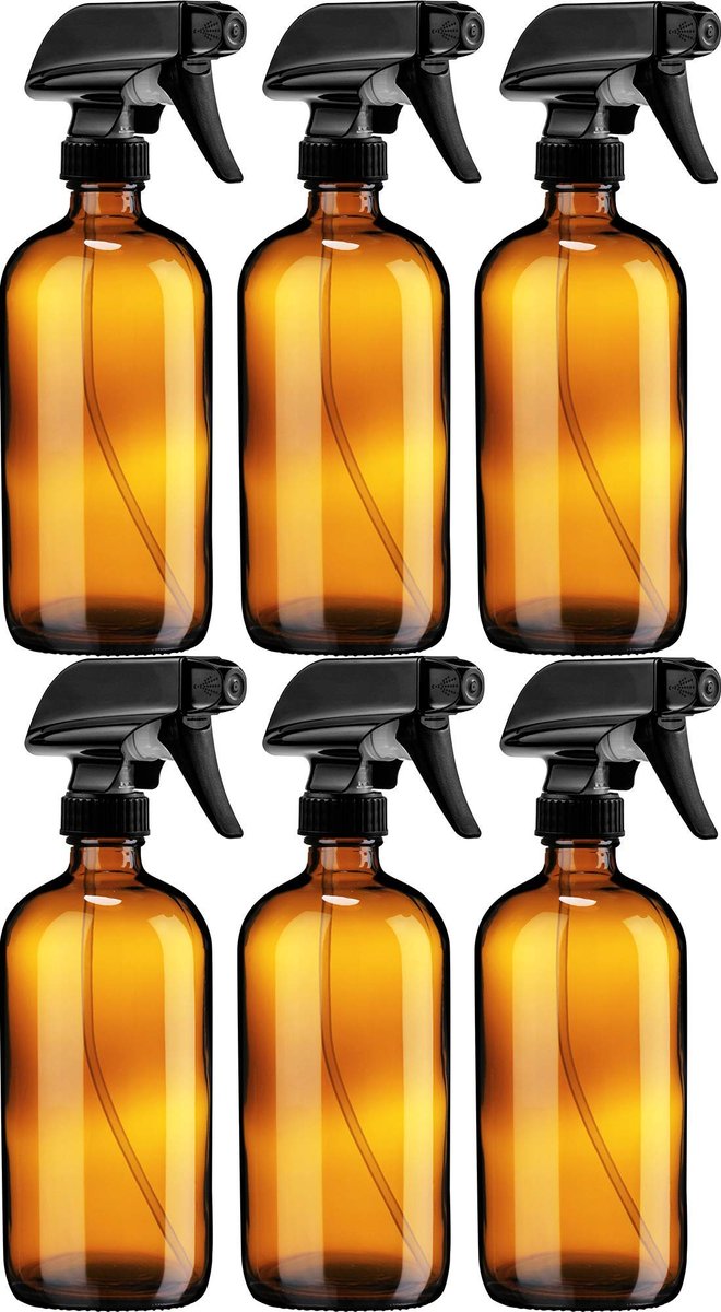 Sally's Organics Empty Amber Glass Spray Bottle – 16 oz Refillable Container for Essential Oils, Cleaning Products, or Aromatherapy – Black Trigger Sprayer with Mist and Stream Settings – 6 Pack Avelisse