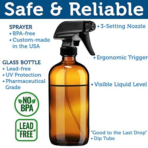 Sally's Organics Empty Amber Glass Spray Bottle – 16 oz Refillable Container for Essential Oils, Cleaning Products, or Aromatherapy – Black Trigger Sprayer with Mist and Stream Settings – 6 Pack Avelisse