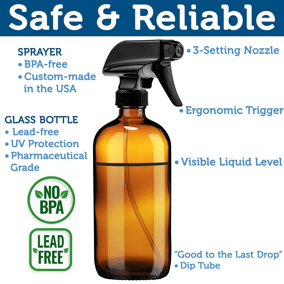 Sally's Organics Empty Amber Glass Spray Bottle – 16 oz Refillable Container for Essential Oils, Cleaning Products, or Aromatherapy – Black Trigger Sprayer with Mist and Stream Settings – 6 Pack Avelisse