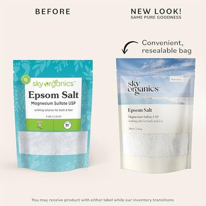 Sky Organics Epsom Salt Bath Soak - 5 lbs, 100% Pure Magnesium Sulfate USP, Unscented Medium Grain - Vegan & Cruelty-Free Avelisse
