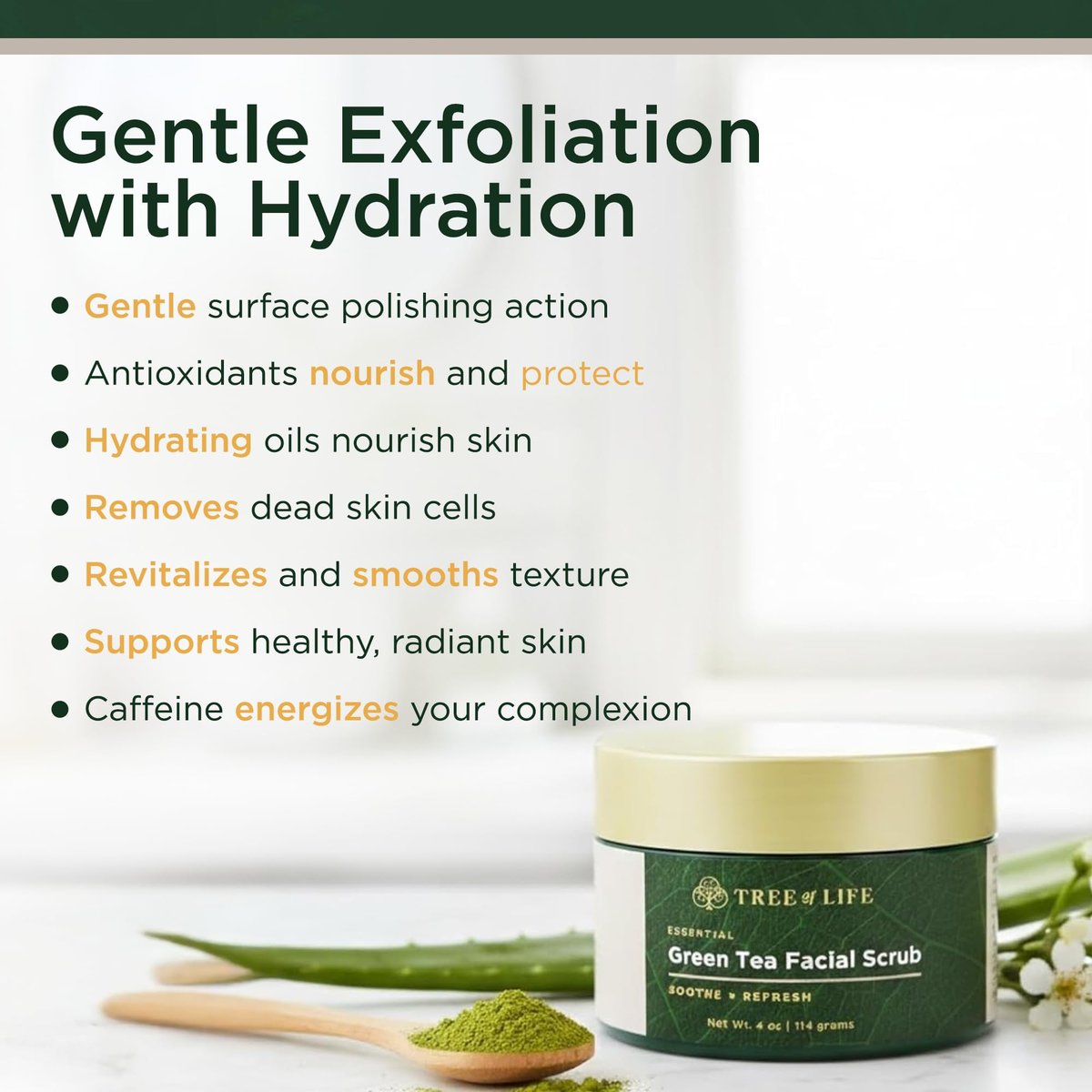 Tree of Life Exfoliating Facial Scrub with Antioxidants – Green & White Tea Extract, 4 oz Avelisse