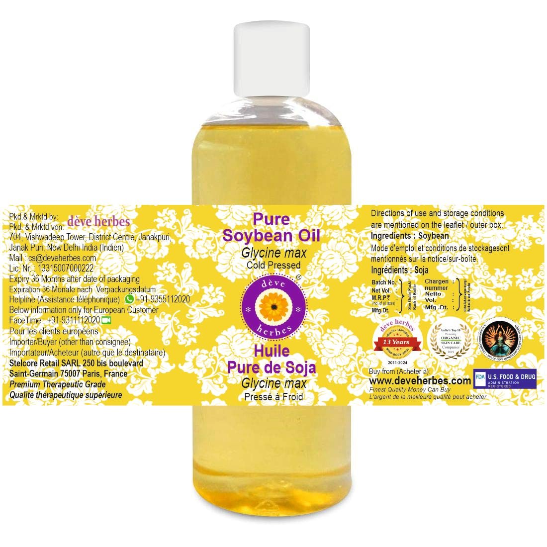 dève herbes Pure Soybean Oil (Glycine max) Cold Pressed - 200ml (6.76 oz) - 100% Natural Carrier Oil for Skin, Hair & Massage - görsel 5
