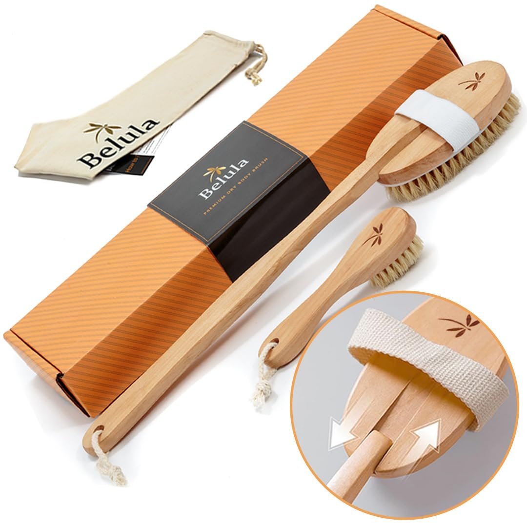 Belula Dry Brushing Body Brush Set – Natural Boar Bristle Body Brush, Exfoliating Face Brush & Bath Gloves for Lymphatic Drainage & Glowing Skin (4-Piece, Orange) - görsel 1