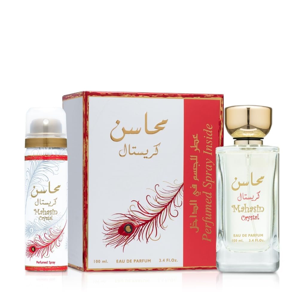 Lattafa Mahasin Crystal 2-Piece Perfume Set for Women – Eau De Parfum (3.4 oz) + Deodorant Spray (1.7 oz) Avelisse