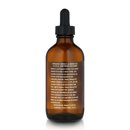 Natures Leaf USDA Certified Organic Sweet Almond Oil - 100% Pure, Cold Pressed, Unscented, 4 oz - Nourish & Soften Skin and Hair
