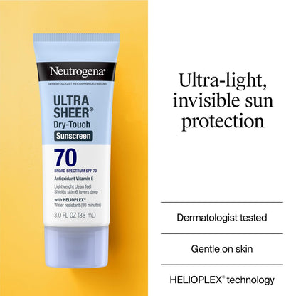 Neutrogena Ultra Sheer Dry-Touch Sunscreen SPF 70, 3 fl. oz (Pack of 3) – Lightweight, Water-Resistant Broad Spectrum Sun Protection for Face & Body Avelisse