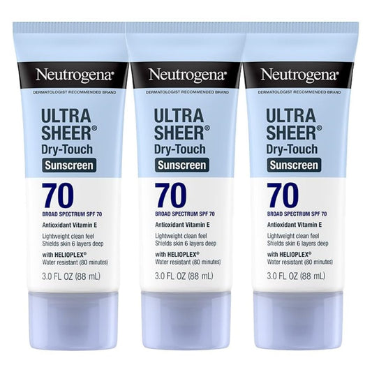 Neutrogena Ultra Sheer Dry-Touch Sunscreen SPF 70, 3 fl. oz (Pack of 3) – Lightweight, Water-Resistant Broad Spectrum Sun Protection for Face & Body Avelisse