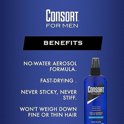 Consort Extra Hold Non-Aerosol Hair Spray Pump for Men - Unscented, Fast Drying, 8 oz