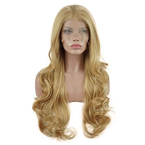 Lushy Wavy Long Two Tone Blonde Mix Wig - Half Hand Tied Heat Friendly Full Density Synthetic Lace Front Wig - görsel 2