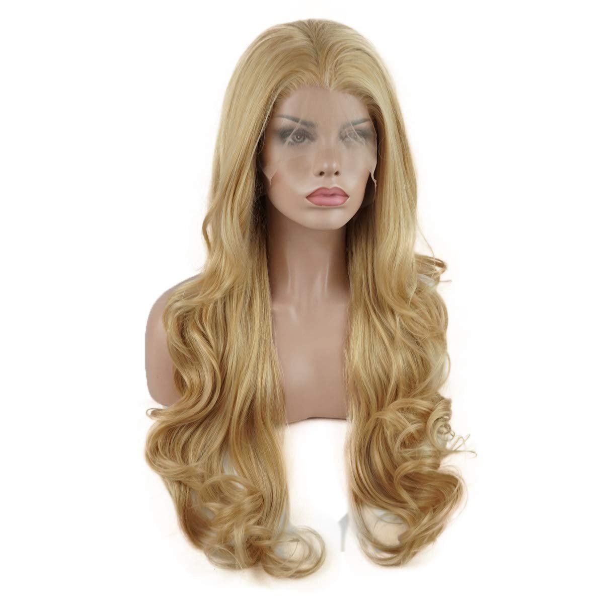 Lushy Wavy Long Two Tone Blonde Mix Wig - Half Hand Tied Heat Friendly Full Density Synthetic Lace Front Wig - görsel 3