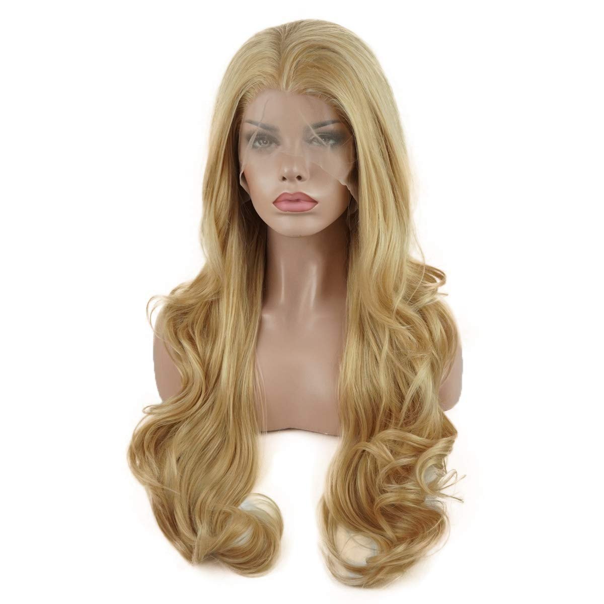 Lushy Wavy Long Two Tone Blonde Mix Wig - Half Hand Tied Heat Friendly Full Density Synthetic Lace Front Wig - görsel 5