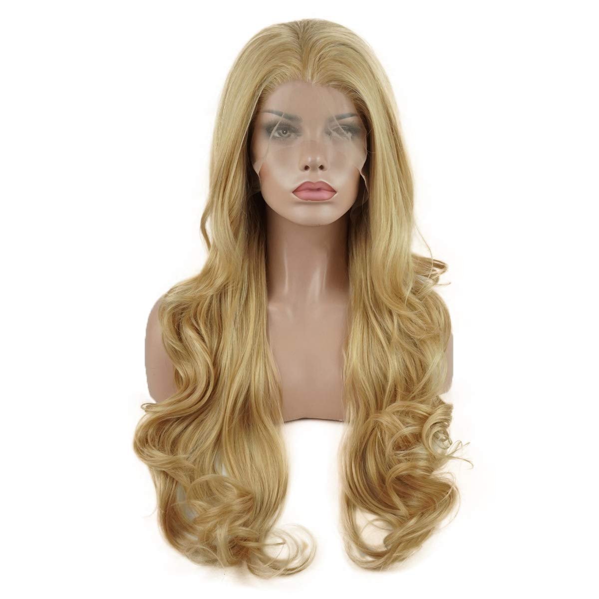 Lushy Wavy Long Two Tone Blonde Mix Wig - Half Hand Tied Heat Friendly Full Density Synthetic Lace Front Wig - görsel 1