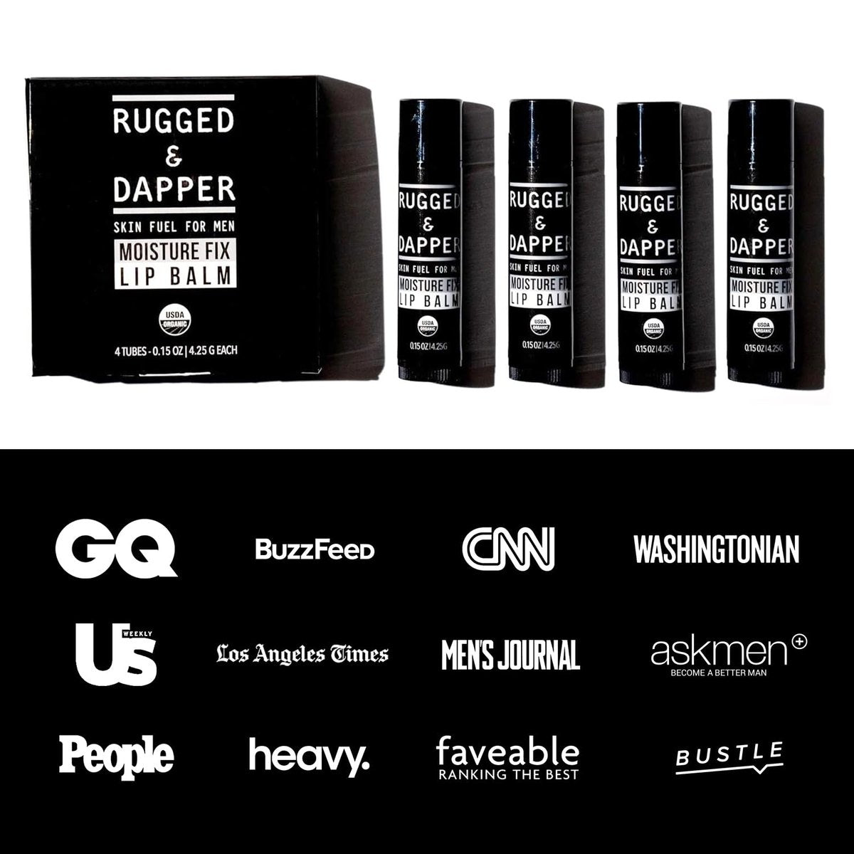 RUGGED & DAPPER Lip Balm for Men - Certified Organic & Natural - 4 Pack Hydrating Chapstick Avelisse