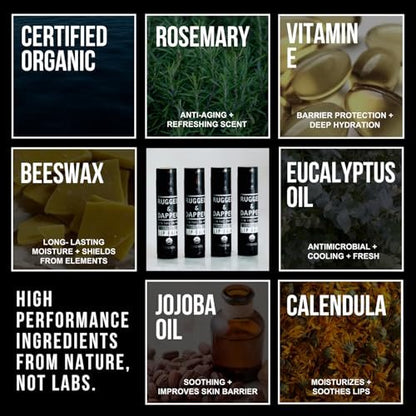 RUGGED & DAPPER Lip Balm for Men - Certified Organic & Natural - 4 Pack Hydrating Chapstick Avelisse