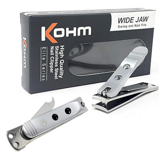 Kohm Curved Blade Edge Nail Clipper with Nail File (Swing Out) – Stainless Steel Wide Jaw Toenail Clippers for Thick Nails, Large Nail Clippers for Men, Seniors, Women, Silver