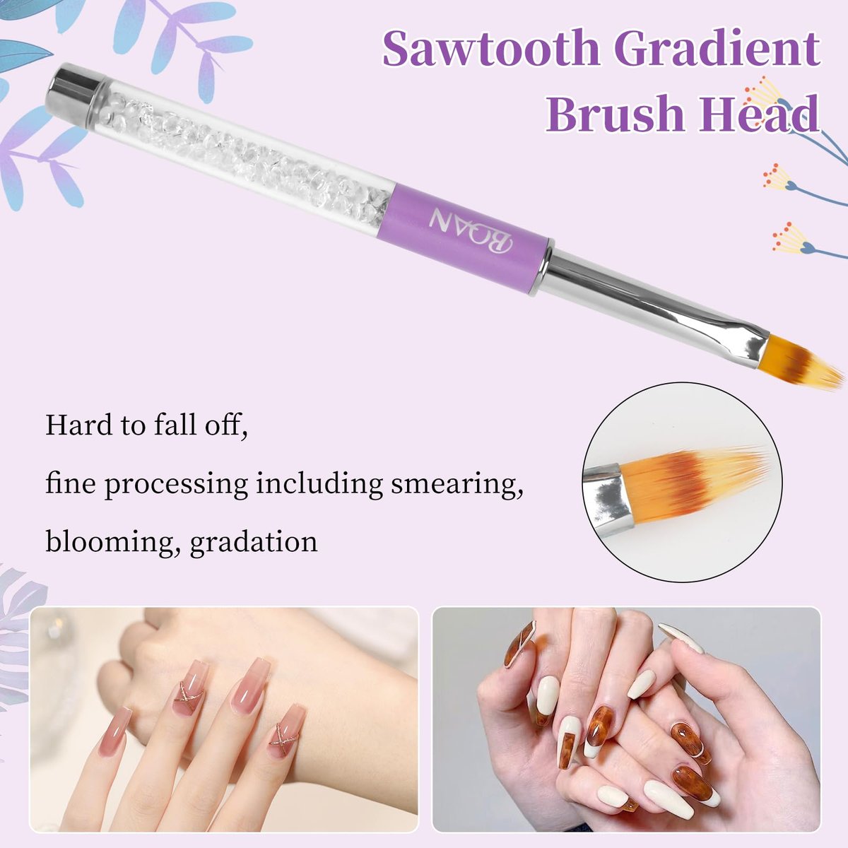 BQAN Nail Ombre Brush with Rhinestone Handle - Professional Gradient Painting Brush for Nail Art, Gel Nails (Purple) - görsel 5