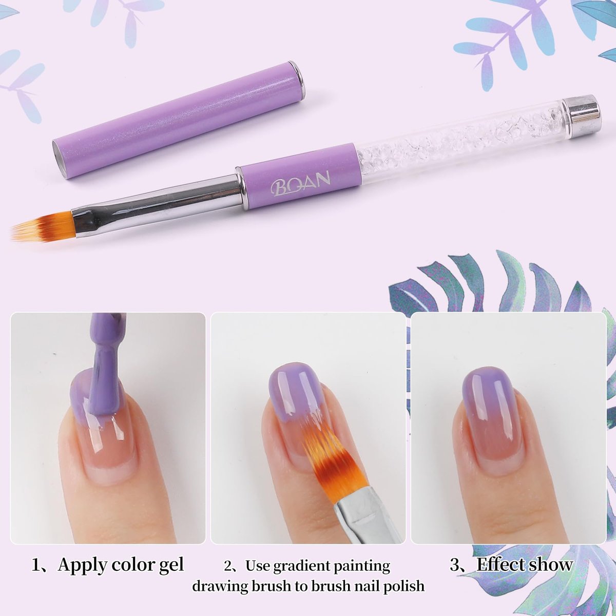 BQAN Nail Ombre Brush with Rhinestone Handle - Professional Gradient Painting Brush for Nail Art, Gel Nails (Purple) - görsel 3