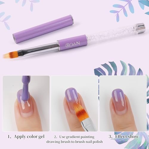 BQAN Nail Ombre Brush with Rhinestone Handle - Professional Gradient Painting Brush for Nail Art, Gel Nails (Purple) - görsel 4