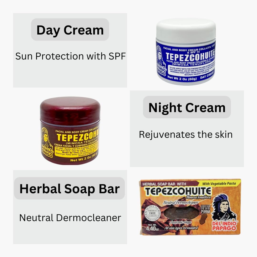 Del Indio Papago Anti-Aging Combo Pack: Night Cream, Day Cream & Tepezcohuite Natural Bar Soap for All Skin Types Avelisse
