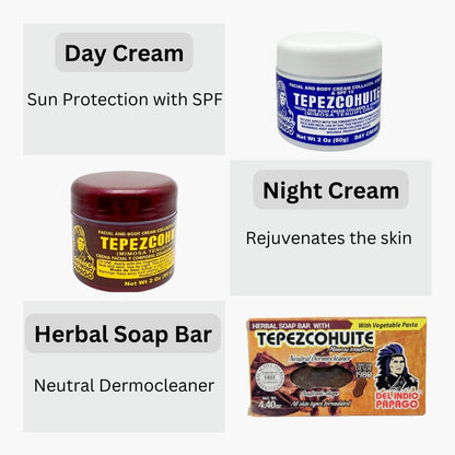Del Indio Papago Anti-Aging Combo Pack: Night Cream, Day Cream & Tepezcohuite Natural Bar Soap for All Skin Types Avelisse