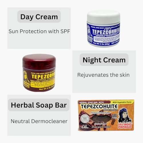 Del Indio Papago Anti-Aging Combo Pack: Night Cream, Day Cream & Tepezcohuite Natural Bar Soap for All Skin Types Avelisse