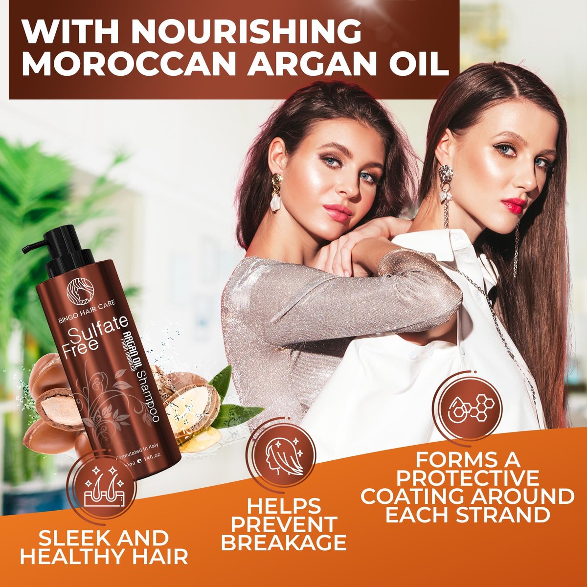 BINGO HAIR CARE Moroccan Argan Oil Shampoo - Sulfate Free, Anti Frizz Hydrating Thickening Care for Women and Men - Deep Moisturizing Treatment for Color Treated, Curly, Frizzy, Damaged and Dry Hair, 14 Fl Oz Avelisse