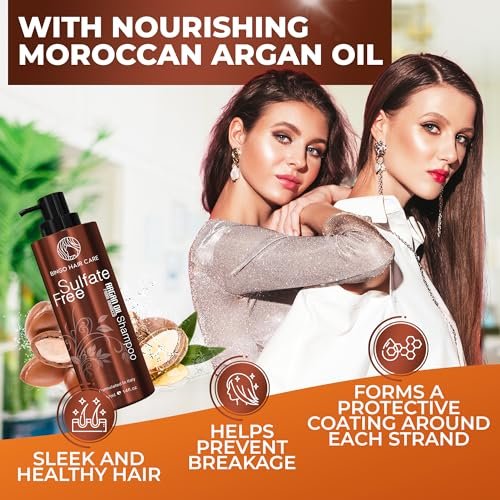 BINGO HAIR CARE Moroccan Argan Oil Shampoo - Sulfate Free, Anti Frizz Hydrating Thickening Care for Women and Men - Deep Moisturizing Treatment for Color Treated, Curly, Frizzy, Damaged and Dry Hair, 14 Fl Oz Avelisse