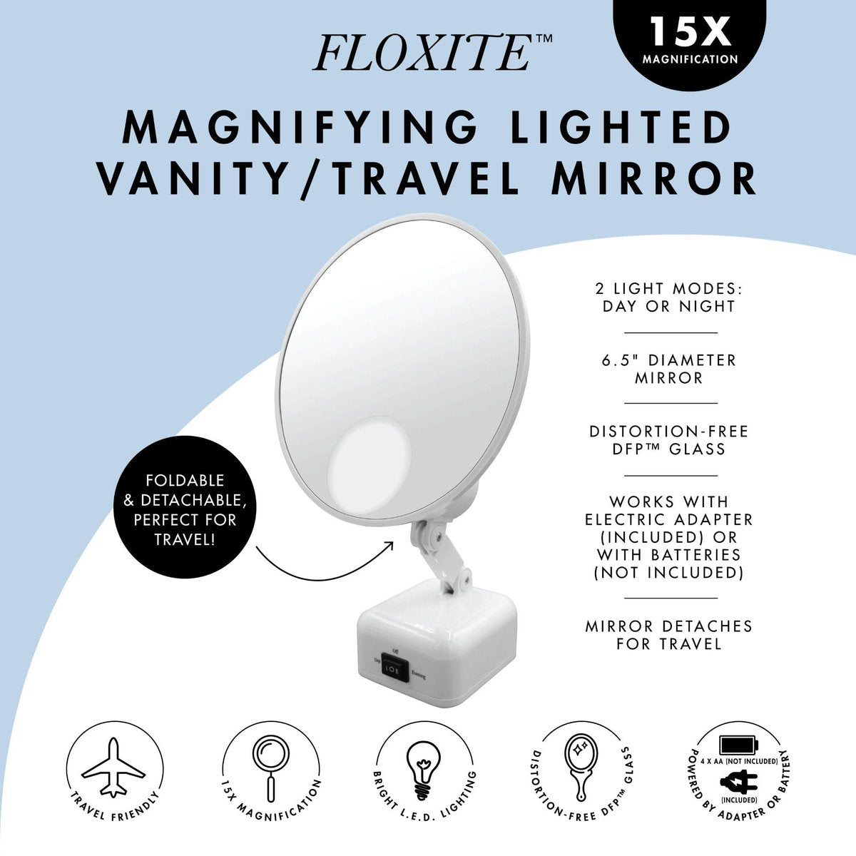 Floxite FL-615-2 15X Magnifying Mirror with Light - Lighted Travel Makeup Mirror, LED, Tabletop, Portable Vanity Mirror for Desk Bathroom, Electric Plug In, Dove White Avelisse