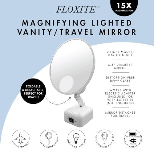 Floxite FL-615-2 15X Magnifying Mirror with Light - Lighted Travel Makeup Mirror, LED, Tabletop, Portable Vanity Mirror for Desk Bathroom, Electric Plug In, Dove White Avelisse
