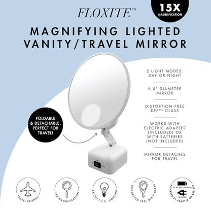 Floxite FL-615-2 15X Magnifying Mirror with Light - Lighted Travel Makeup Mirror, LED, Tabletop, Portable Vanity Mirror for Desk Bathroom, Electric Plug In, Dove White Avelisse