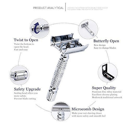 BAILI Butterfly Open TTO Double Edge Metal Safety Razor Wet Shaving Kit for Men Women - Includes Platinum Blades & Mirrored Travel Case (Silver) Avelisse