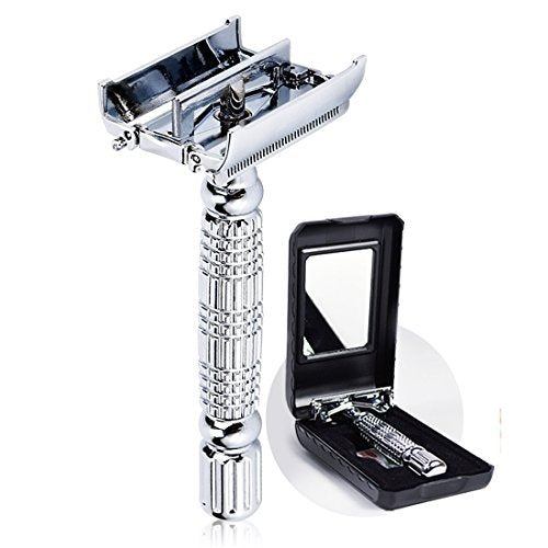 BAILI Butterfly Open TTO Double Edge Metal Safety Razor Wet Shaving Kit for Men Women - Includes Platinum Blades & Mirrored Travel Case (Silver) Avelisse