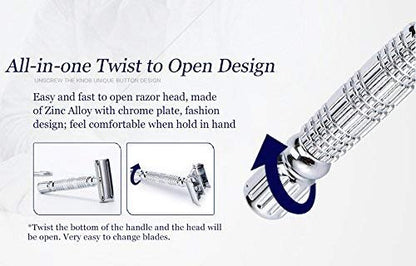 BAILI Butterfly Open TTO Double Edge Metal Safety Razor Wet Shaving Kit for Men Women - Includes Platinum Blades & Mirrored Travel Case (Silver) Avelisse