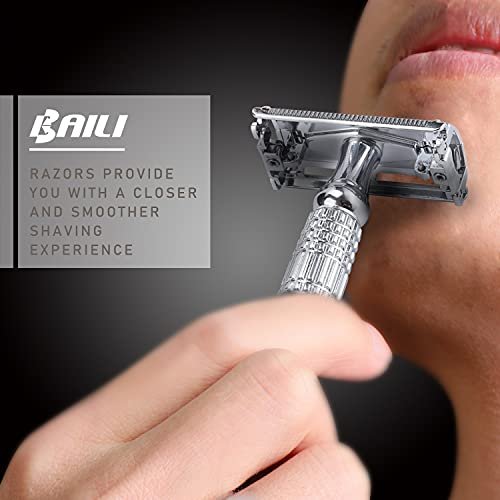 BAILI Butterfly Open TTO Double Edge Metal Safety Razor Wet Shaving Kit for Men Women - Includes Platinum Blades & Mirrored Travel Case (Silver) Avelisse