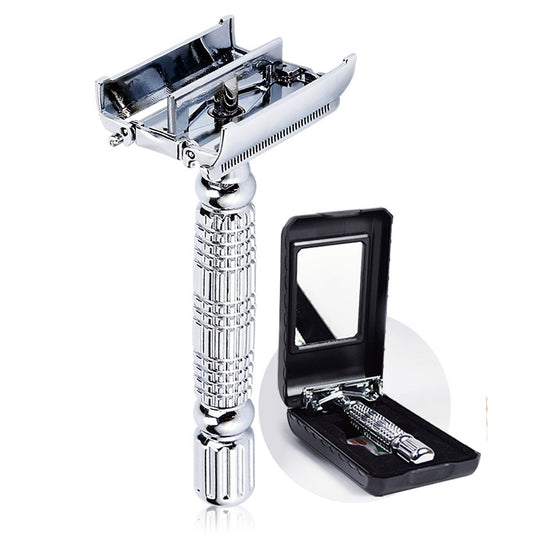 BAILI Butterfly Open TTO Double Edge Metal Safety Razor Wet Shaving Kit for Men Women - Includes Platinum Blades & Mirrored Travel Case (Silver) Avelisse
