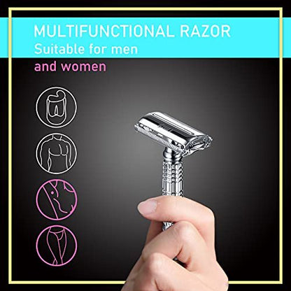 BAILI Butterfly Open TTO Double Edge Metal Safety Razor Wet Shaving Kit for Men Women - Includes Platinum Blades & Mirrored Travel Case (Silver) Avelisse
