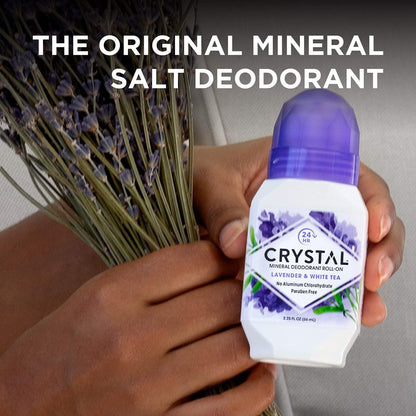 Crystal Essence Lavender & White Tea Mineral Deodorant Roll-On – Aluminum Free, Paraben Free, Certified Cruelty Free & Vegan – 24 Hour Odor Protection, 3-Pack (2.25 Fl Oz Each)