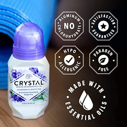 Crystal Essence Lavender & White Tea Mineral Deodorant Roll-On – Aluminum Free, Paraben Free, Certified Cruelty Free & Vegan – 24 Hour Odor Protection, 3-Pack (2.25 Fl Oz Each)