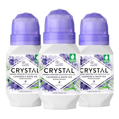 Crystal Essence Lavender & White Tea Mineral Deodorant Roll-On – Aluminum Free, Paraben Free, Certified Cruelty Free & Vegan – 24 Hour Odor Protection, 3-Pack (2.25 Fl Oz Each)