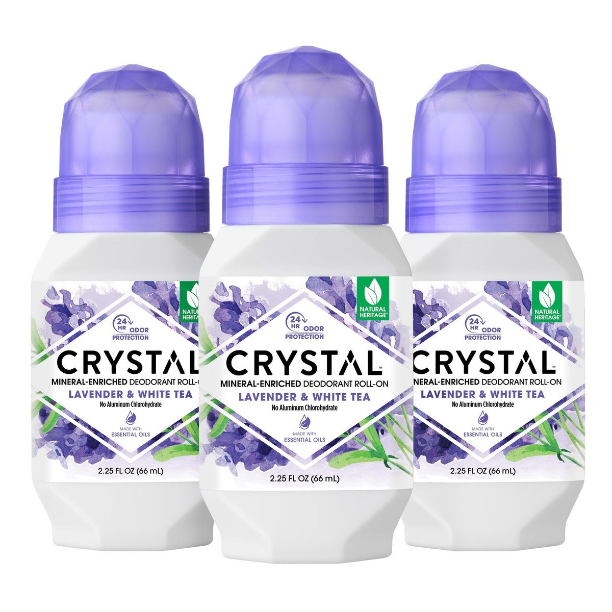 Crystal Essence Lavender & White Tea Mineral Deodorant Roll-On – Aluminum Free, Paraben Free, Certified Cruelty Free & Vegan – 24 Hour Odor Protection, 3-Pack (2.25 Fl Oz Each) - görsel 1