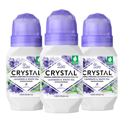 Crystal Essence Lavender & White Tea Mineral Deodorant Roll-On – Aluminum Free, Paraben Free, Certified Cruelty Free & Vegan – 24 Hour Odor Protection, 3-Pack (2.25 Fl Oz Each)