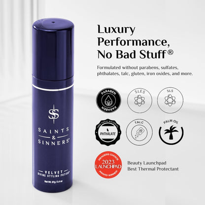Saints & Sinners Velvet Divine Hair Styling Potion - Thermal Protectant, Anti-Frizz Cream, Moisturizing for Dry Hair (3.4 oz) Avelisse