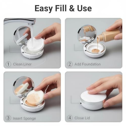 ASTRQLE White Silver Luxurious Edge Empty Air Cushion Puff Case – 15g Portable Makeup Powder Container with Mirror, Sponge Puff & Extra Inner Container for Foundation BB Cream - görsel 6