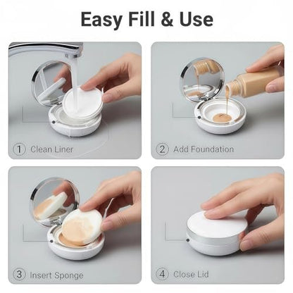 ASTRQLE White Silver Luxurious Edge Empty Air Cushion Puff Case – 15g Portable Makeup Powder Container with Mirror, Sponge Puff & Extra Inner Container for Foundation BB Cream