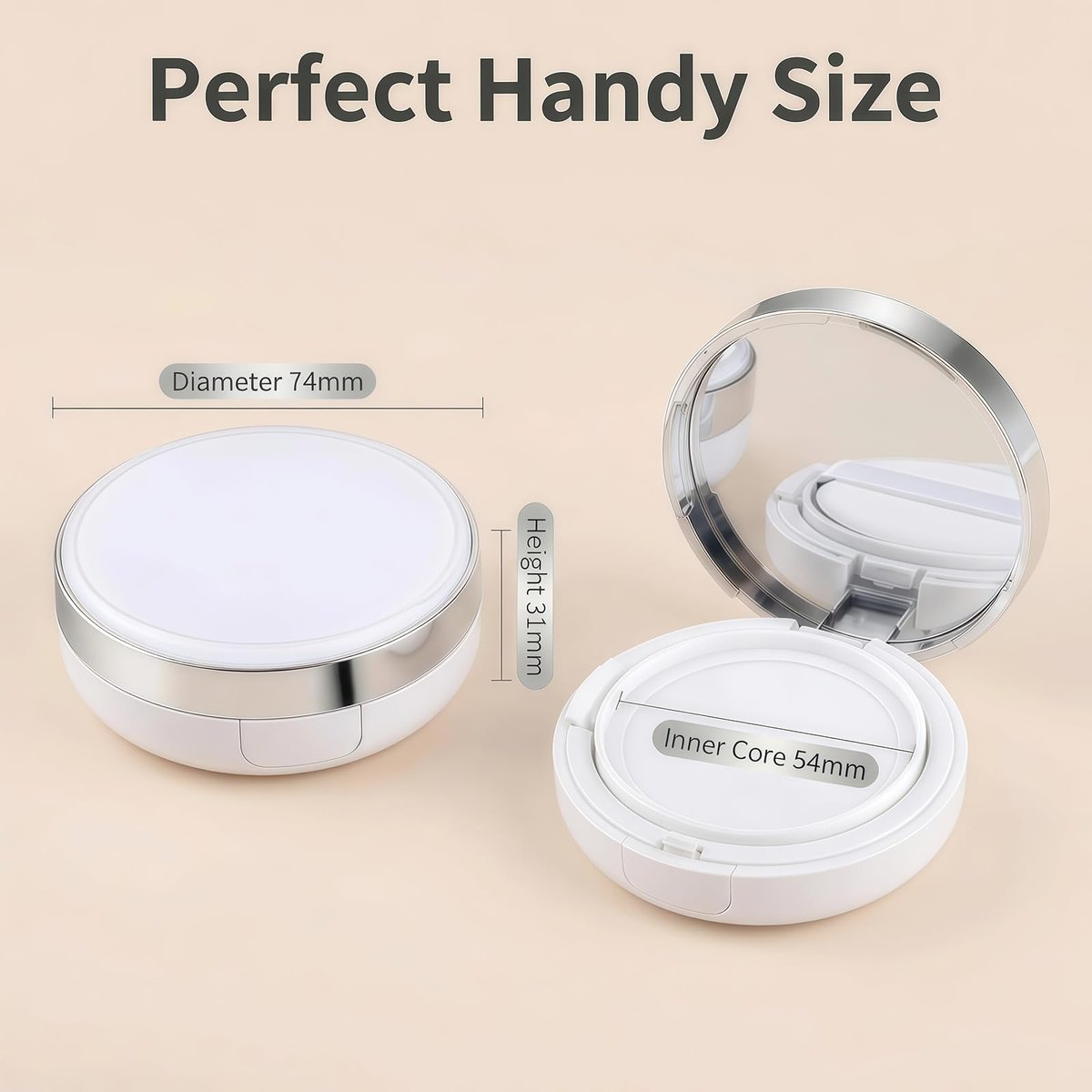 ASTRQLE White Silver Luxurious Edge Empty Air Cushion Puff Case – 15g Portable Makeup Powder Container with Mirror, Sponge Puff & Extra Inner Container for Foundation BB Cream - görsel 3